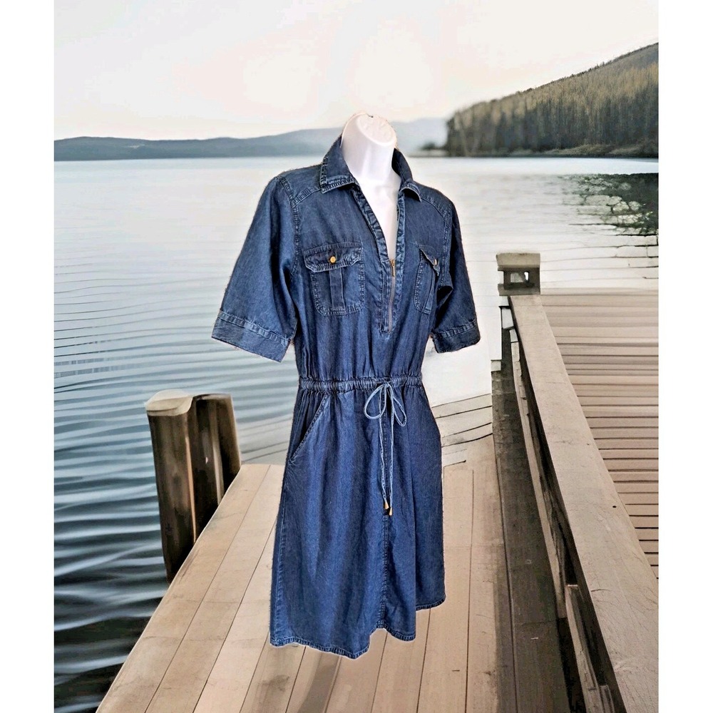 MPH Collection Shirt Dress M Blue Jean Chambray Elastic Waist Drawstring 1/4 Zip